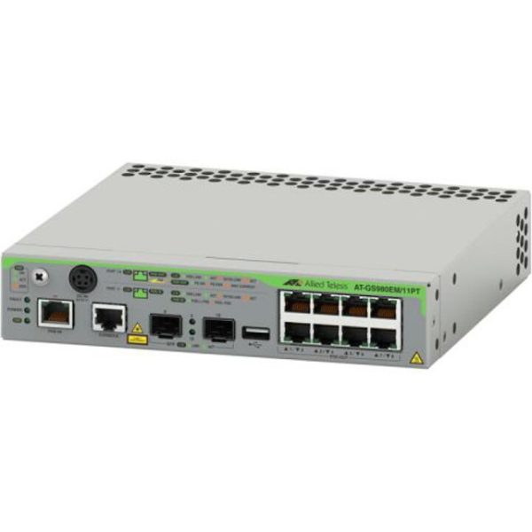 Allied Telesis Gigabit Layer 3 Lite Managed Switch, 8x 10/100/1000-T PoE+, 1x 10/100/1000-T PoE-in, 2x SFP Ports (AT-GS980EM/11PT)