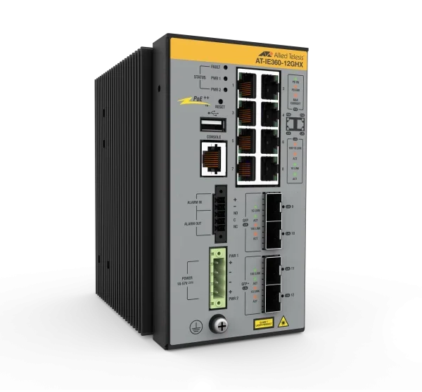 Allied Telesis  AT-IE360-12GHX-980 8x 10/100/1000T, 2x 100/1000X SFP, 2x 1G/10G SFP+, Industrial Ethernet, Layer 3 Switch, PoE++ Support (TAA compliant) ( AT-IE360-12GHX-980)