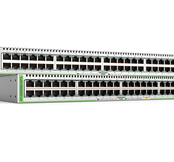 Allied Telesis AT-GS980M/52-50 Gigabit Layer 3 Lite Managed Switch, 48x 10/100/1000T, 4 x 100/1000X SFP with fixed single power supply, EU Power Cord.